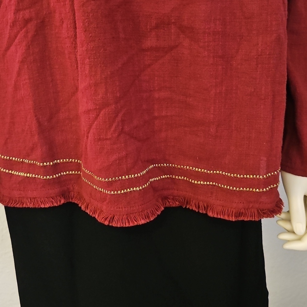 GRACE & LACE Floral Mexican Embroidered Maroon Fringe Long Sleeve Cotton Top - Picture 6 of 12